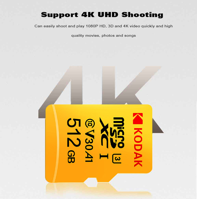 Karta pamięci Kodak Micro SD o pojemności 512GB, 256GB, 128GB, 64GB lub 32GB, klasa 10, szybkość Flash U3 4K - Wianko - 4