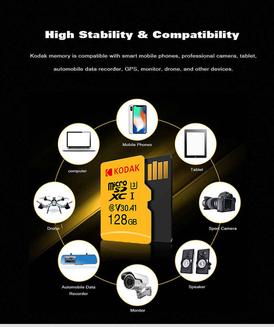Karta pamięci Kodak Micro SD o pojemności 512GB, 256GB, 128GB, 64GB lub 32GB, klasa 10, szybkość Flash U3 4K - Wianko - 3