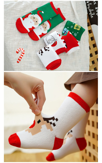Skarpety dziecięce zimowe pogrubione bawełniane, motyw jelenia Świętego Mikołaja, prezent bożonarodzeniowy - Wianko - 13