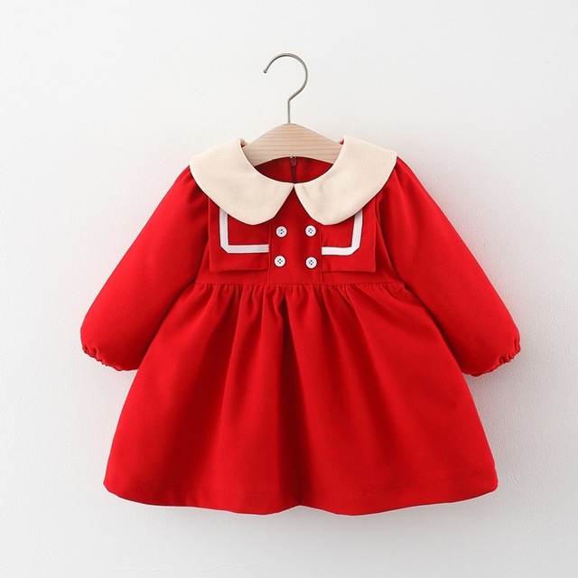 Długa sukienka zimowa dla dziewczynki w jednolitym kolorze, z przyciskami i ozdobną lamówką, wykonana z wysokiej jakości bawełny - dla dziewczynek w wieku 0-4 lat - Wianko - 9