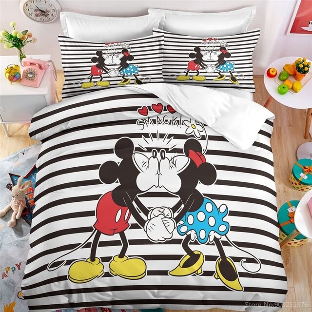 Komplet pościeli Disney Mickey & Minnie Mouse 3D Print - czarno-białe paski (zestaw poszewek, kapa na kołdrę i poszewka na pościel) - Wianko - 2