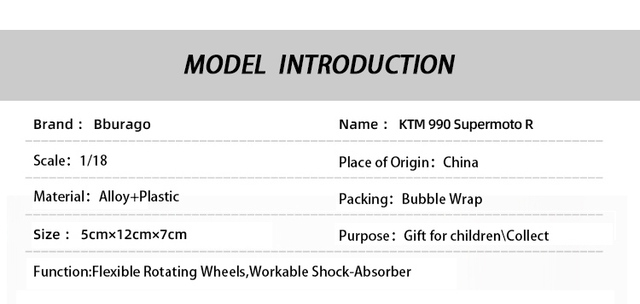 Model motocykla Bburago 1:18 KTM 990 Supermoto R w skali 1:18 - odlewniczy pojazd zabawkowy dla dzieci w kolekcji motocykli - Wianko - 1