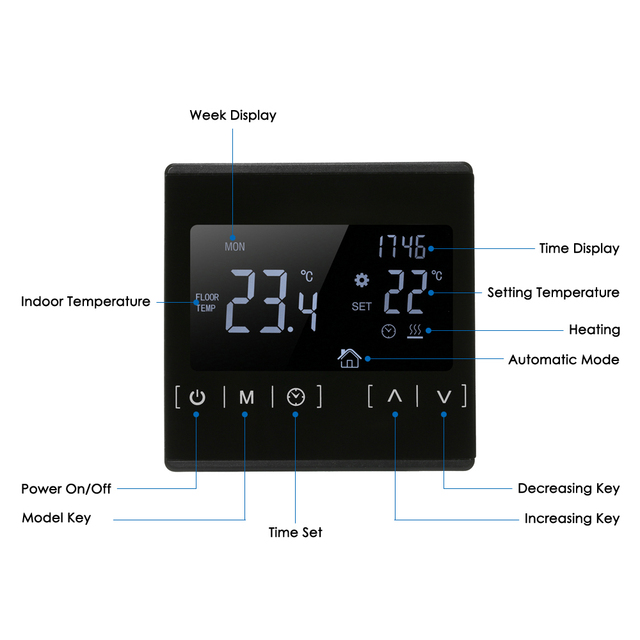 Regulator temperatury dotykowy AC85-240V z wyświetlaczem LCD, czarnym podświetleniem i funkcją podgrzewania elektrycznego - Wianko - 2