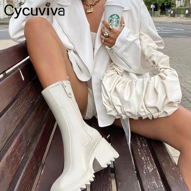 Kalosze damskie Cycuviva Chunky Heel z grubą podeszwą i platformą, w stylu projektant Chelsea Boots - Wianko - 4
