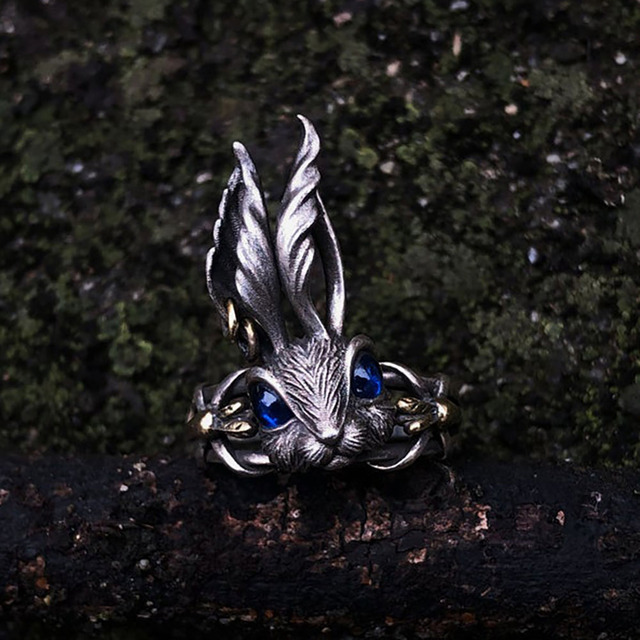 Pierścień 3D z uroczymi, dużymi uszami królika i niebieskimi oczami, styl retro, kolor srebrny - biżuteria prezent urodzinowy dla kobiet - Wianko - 16