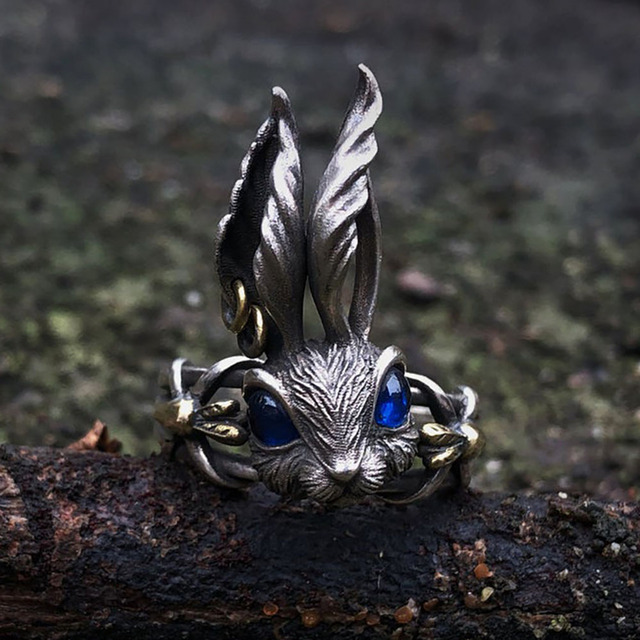 Pierścień 3D z uroczymi, dużymi uszami królika i niebieskimi oczami, styl retro, kolor srebrny - biżuteria prezent urodzinowy dla kobiet - Wianko - 14