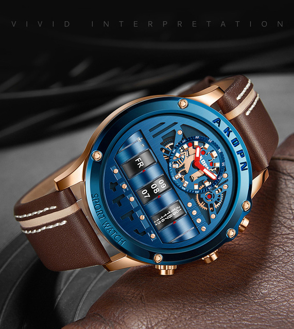Unikalne męskie zegarki kwarcowe z obracaną datą, skórzanym paskiem, sportowym stylem wojskowym - Dropshipping - Wianko - 15