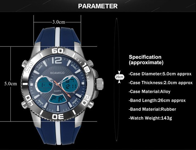 Zegarek męski BOAMIGO 2021, kwarcowy, wodoodporny, marki luksusowej, z gumowym paskiem, analogowo-cyfrowy - Wianko - 5
