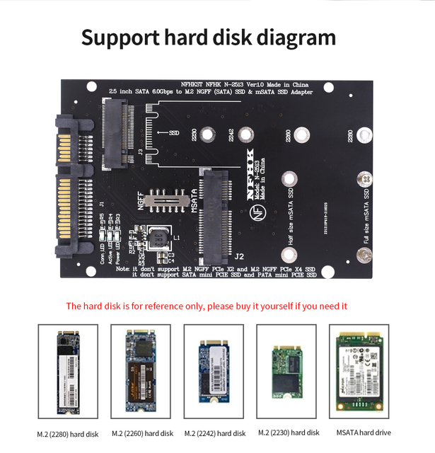 Karta adaptera M.2 NGFF mSATA na SATA3.0 2,5 cala z obsługą kart MSata oraz dysków B Key SSD/2230/2242/2260/2280 M2 - Wianko - 2