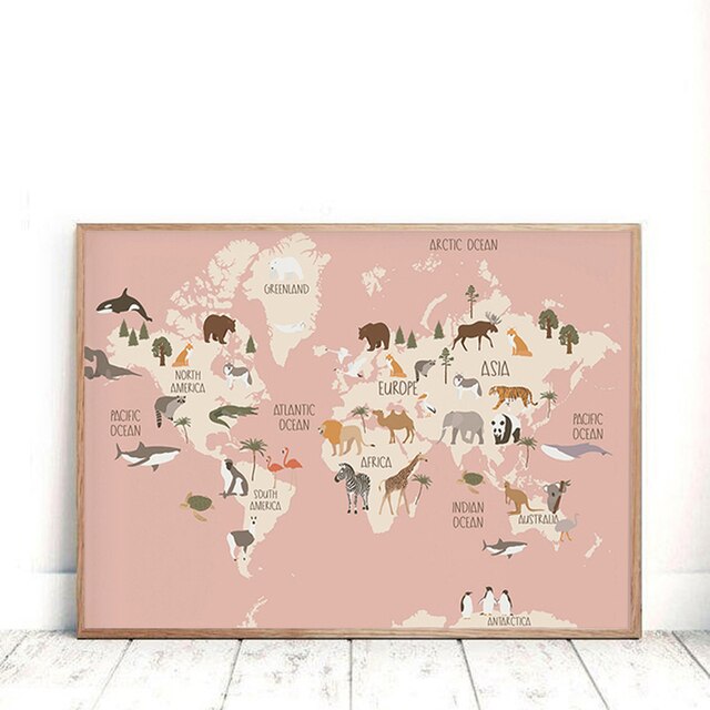 Plakat Mapa Świata Zwierząt dla Przedszkola - Edukacyjne Malarstwo na Płótnie z Kreskówkowymi Zwierzętami i Zdjęciami Dzieci - Dekoracje Ścienne dla Dzieci - Wianko - 6
