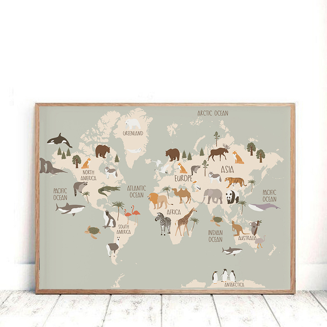 Plakat Mapa Świata Zwierząt dla Przedszkola - Edukacyjne Malarstwo na Płótnie z Kreskówkowymi Zwierzętami i Zdjęciami Dzieci - Dekoracje Ścienne dla Dzieci - Wianko - 7