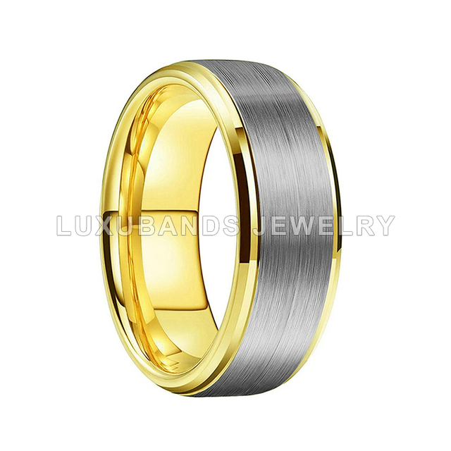 Męskie obrączki ślubne, 8MM, złote, ze stali wolframowej, skośne krawędzie, szczotkowane, komfortowe dopasowanie - Wianko - 1