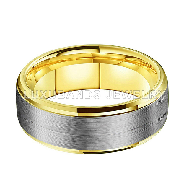 Męskie obrączki ślubne, 8MM, złote, ze stali wolframowej, skośne krawędzie, szczotkowane, komfortowe dopasowanie - Wianko - 2