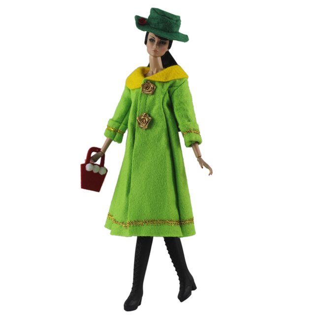 Lalka Barbie - Zimowa sukienka w stylu parki w kolorze zielonym z długim płaszczem, torebką i kapeluszem - Akcesoria 1/6 BJD dla domku lalek - DIY zabawka - Dziecko - Wianko - 4