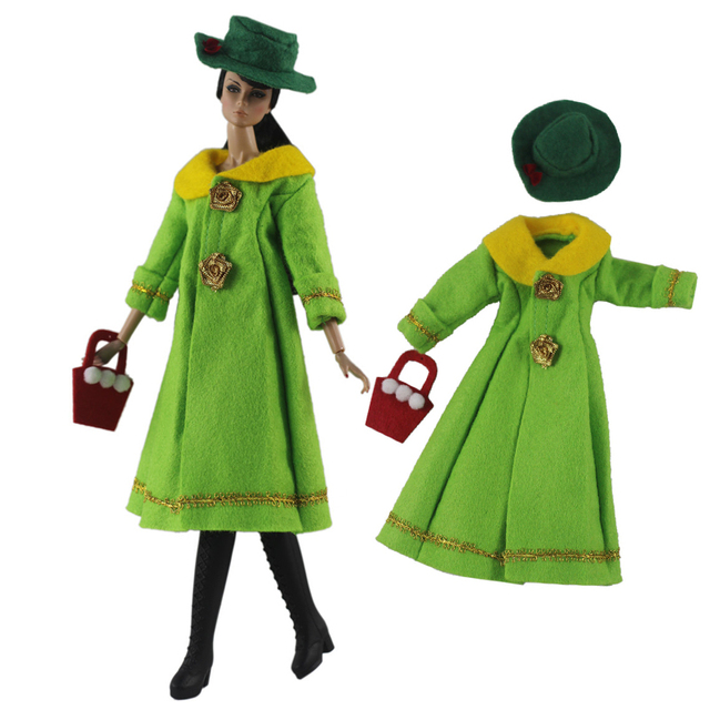 Lalka Barbie - Zimowa sukienka w stylu parki w kolorze zielonym z długim płaszczem, torebką i kapeluszem - Akcesoria 1/6 BJD dla domku lalek - DIY zabawka - Dziecko - Wianko - 1