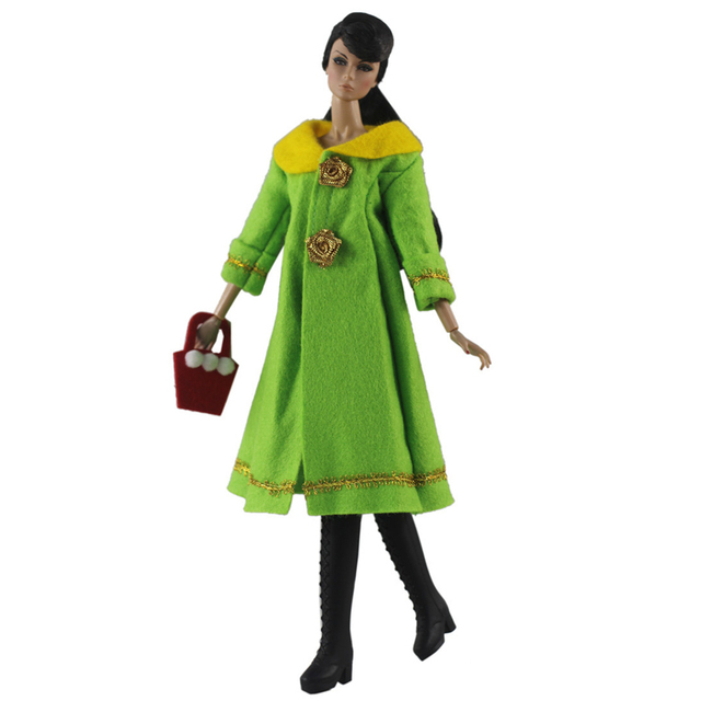 Lalka Barbie - Zimowa sukienka w stylu parki w kolorze zielonym z długim płaszczem, torebką i kapeluszem - Akcesoria 1/6 BJD dla domku lalek - DIY zabawka - Dziecko - Wianko - 2