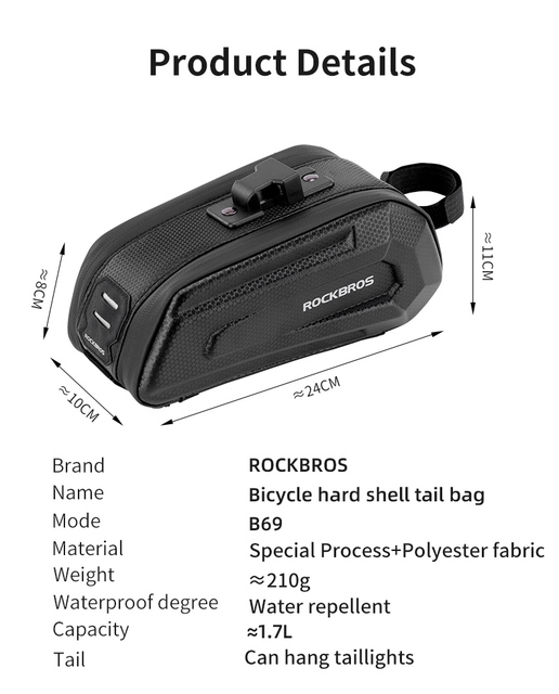 Torba na rower ROCKBROS 1.7L - wodoodporna, tylne mocowanie, duła pojemność, szybkie odpięcie, odporna na wstrząsy, podwójny zamek błyskawiczny - Wianko - 2