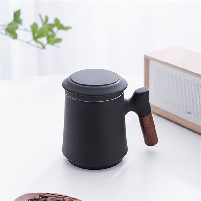 Kubek ceramiczny z drewnianą rączką i pokrywką, filtr do herbata, separacja wody, 400ML - Wianko - 7