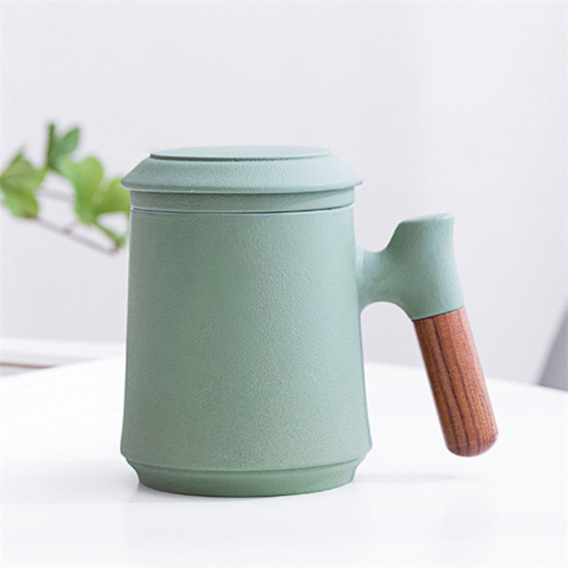 Kubek ceramiczny z drewnianą rączką i pokrywką, filtr do herbata, separacja wody, 400ML - Wianko - 6