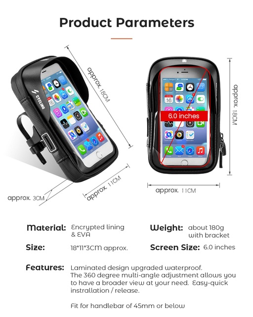 Torba rowerowa na telefon TPU z ekranem dotykowym, wodoodporna i obrotowa, dla telefonów o przekątnej do 6.0 cala - Wianko - 2
