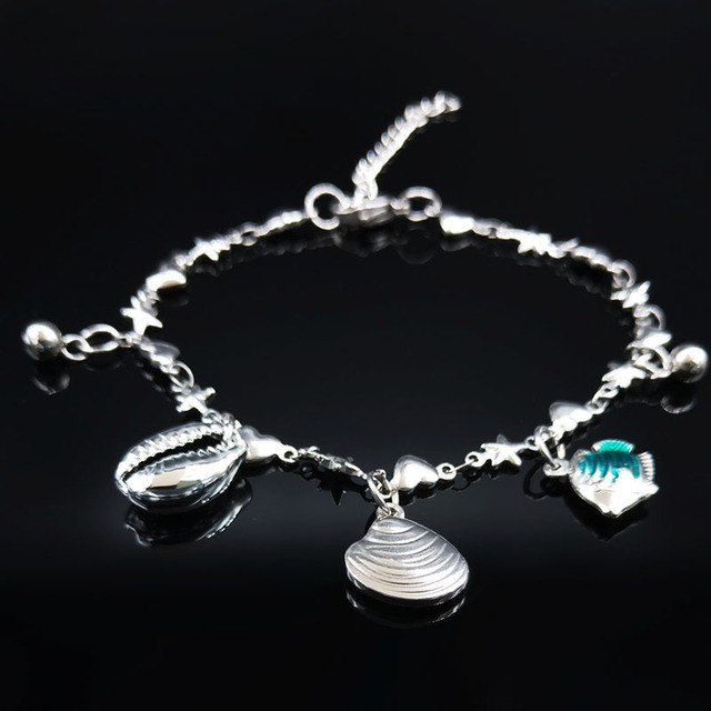 Bransoletka ze stali nierdzewnej w kolorze srebrnym z koralikami w kształcie muszli rybich - biżuteria na kostkę - Wianko - 14