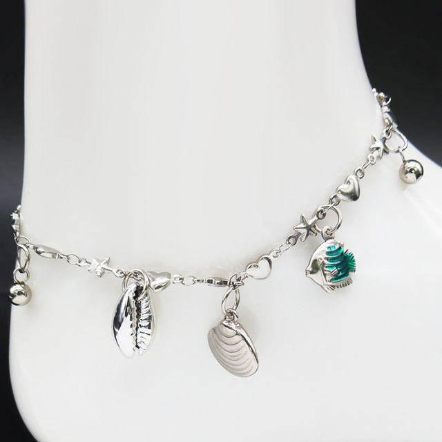 Bransoletka ze stali nierdzewnej w kolorze srebrnym z koralikami w kształcie muszli rybich - biżuteria na kostkę - Wianko - 12