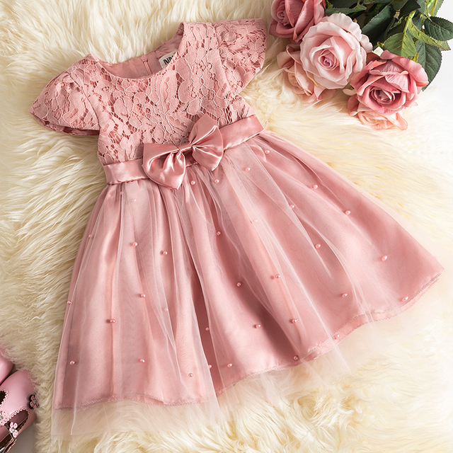 Sukienka dla dziewczynek na lato koronkowa z kwiatowym motywem, ozdobiona perłami i tiulem - Wianko - 2