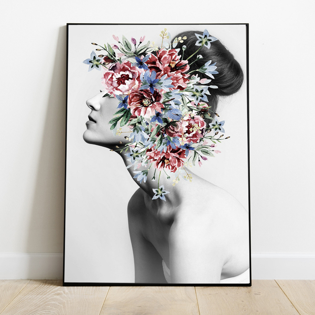 Obraz abstrakcyjny dziewczyny z kwiatami - płótno portretowe, modne i nowoczesne dekoracje do sypialni i salonu - Wianko - 6