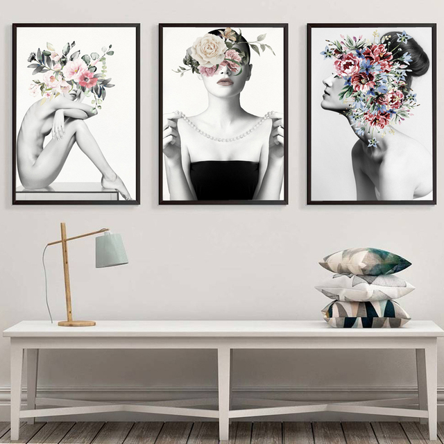 Obraz abstrakcyjny dziewczyny z kwiatami - płótno portretowe, modne i nowoczesne dekoracje do sypialni i salonu - Wianko - 4
