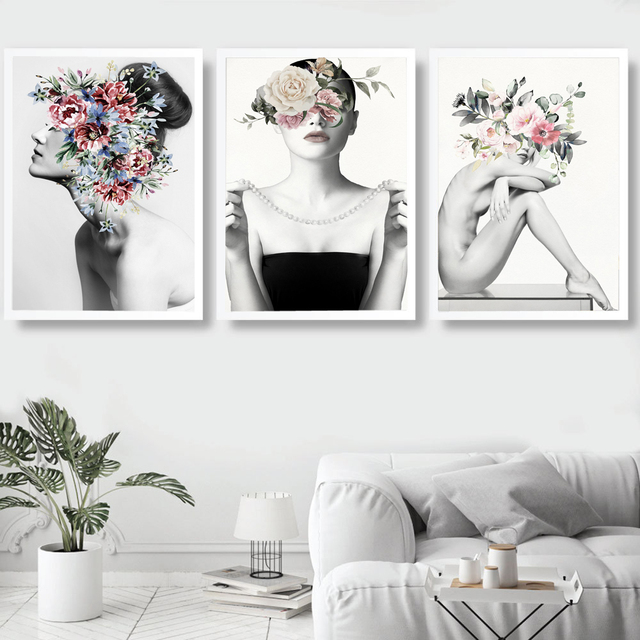 Obraz abstrakcyjny dziewczyny z kwiatami - płótno portretowe, modne i nowoczesne dekoracje do sypialni i salonu - Wianko - 3