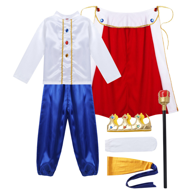 Zestaw 7 elementów dla chłopców: Średniowieczny król Halloween Cosplay - Kostium w zbiorze z długimi rękawami, spodniami, pasem, płaszczem, pałąkiem i opaską - Wianko - 1