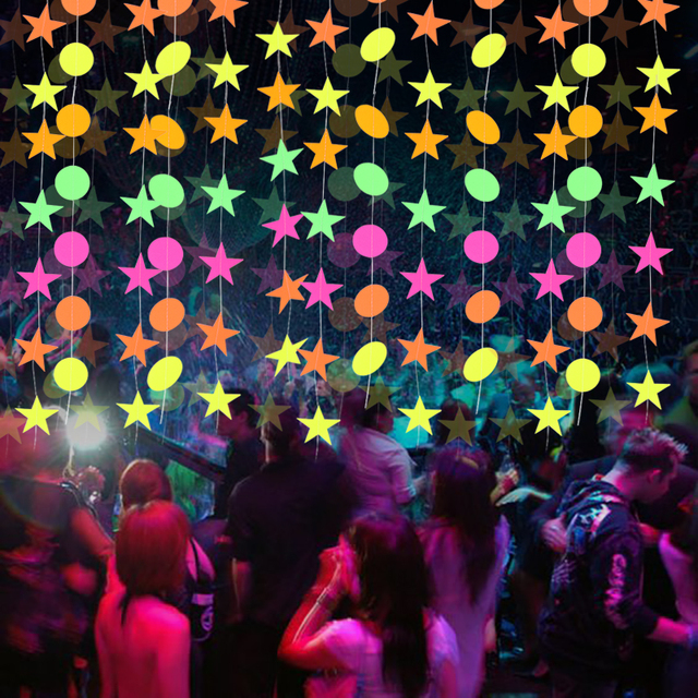 Neonowa reaktywna taśma Glow z dekoracjami papierowymi - girlandy z okrągłymi kołami i gwiazdami urodzinowymi i weselnymi - Wianko - 2