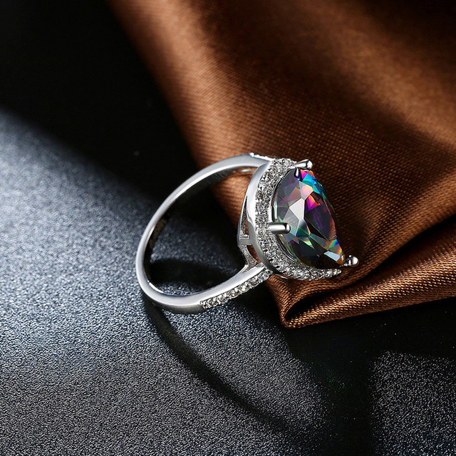 Srebrny pierścień z kroplą wody z cyrkoniami Rainbow Mystic, rozmiar 6-8 - Wianko - 8