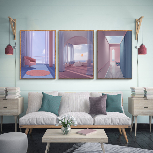 Obraz na różowym płótnie z motywem budynku - sztuka malarstwa ściany w stylu nordyckim - Wianko - 6