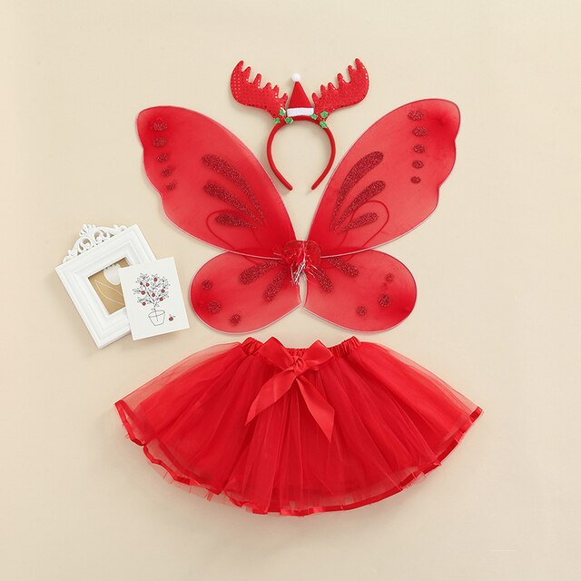 Sukienka Tutu z motylkowymi skrzydełkami i opaską na włosy dla dziewczynki na Boże Narodzenie 2021, zestaw 3 szt., 2-7 lat - Wianko - 1