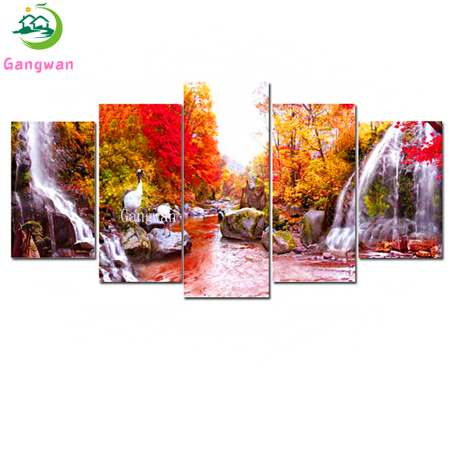 5D Naturalny Krajobraz Diamentowe Malarstwo z Jesiennym Wodospadem i Czerwonym Drzewem - Zestaw 5 Sztuk - Wianko - 3