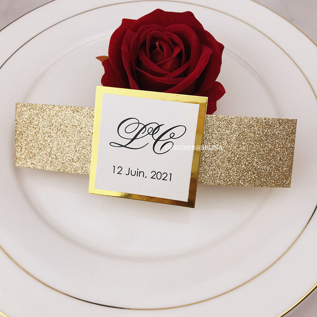 50 szt. Eleganckie różowe złoto brokatowe pasmo brzucha i Tag z lustrzanym dnem na zaproszenia na imprezę - Wianko - 1