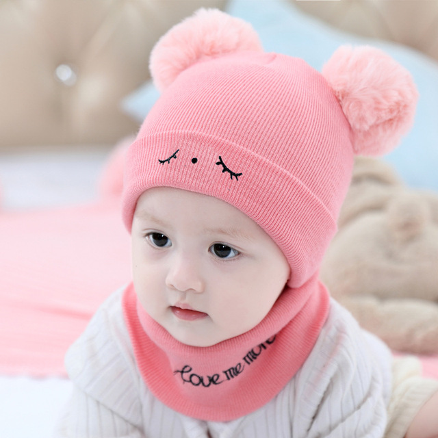 Zestaw 2 sztuk jednolitych dzianinowych czapek dla niemowląt wraz z pluszową piłką - dla dziewczynki i chłopca, idealny na chłodne zimowe dni - Wianko - 3