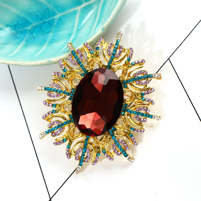 Elegancka broszka ze szkła z kolorowymi kryształami Rhinestone, w kształcie owalu, idealna do ślubnej sukienki - Wianko - 4
