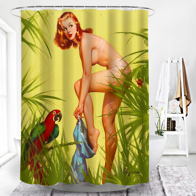 Zasłona prysznicowa z nadrukiem nagiego ciała kobiety na pastelowej tkaninie - czerwone usta, wodoodporna, poliester - Wianko - 12