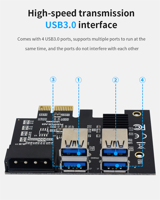 Karta rozszerzająca TISHRIC USB 3.0 - X16 PCI-E 1x do 4-portowy hub 16x PCI Express - złote złącze - BTC ETH górnik - 5 sztuk - Wianko - 22