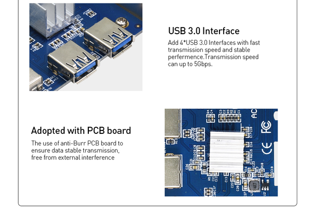 Karta rozszerzająca TISHRIC USB 3.0 - X16 PCI-E 1x do 4-portowy hub 16x PCI Express - złote złącze - BTC ETH górnik - 5 sztuk - Wianko - 19