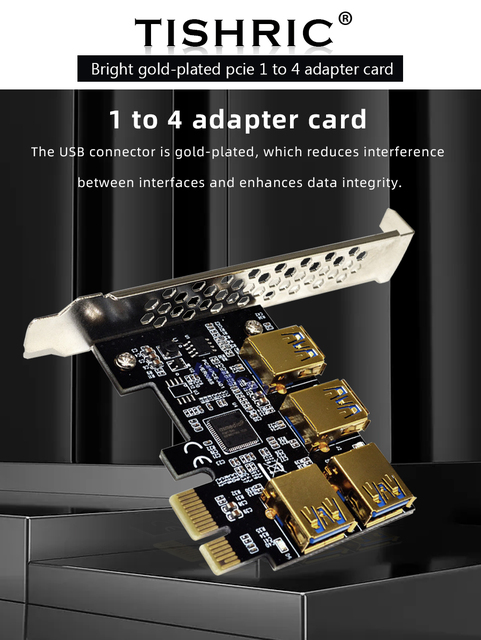 Karta rozszerzająca TISHRIC USB 3.0 - X16 PCI-E 1x do 4-portowy hub 16x PCI Express - złote złącze - BTC ETH górnik - 5 sztuk - Wianko - 1