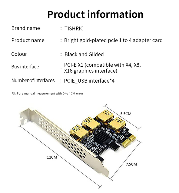 Karta rozszerzająca TISHRIC USB 3.0 - X16 PCI-E 1x do 4-portowy hub 16x PCI Express - złote złącze - BTC ETH górnik - 5 sztuk - Wianko - 2