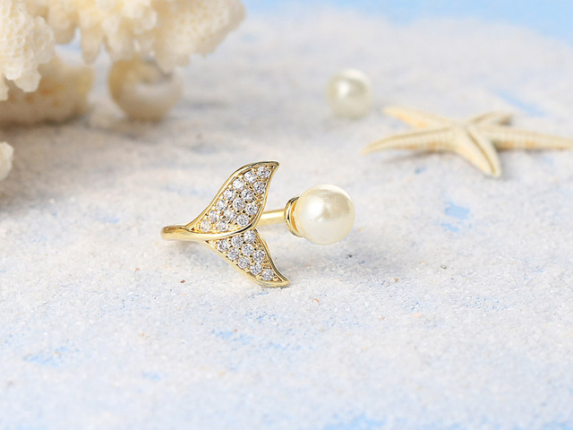 Pierścionek wieloryb w kształcie ogona z delikatną sztuczną perłą - biżuteria R203 - Wianko - 8