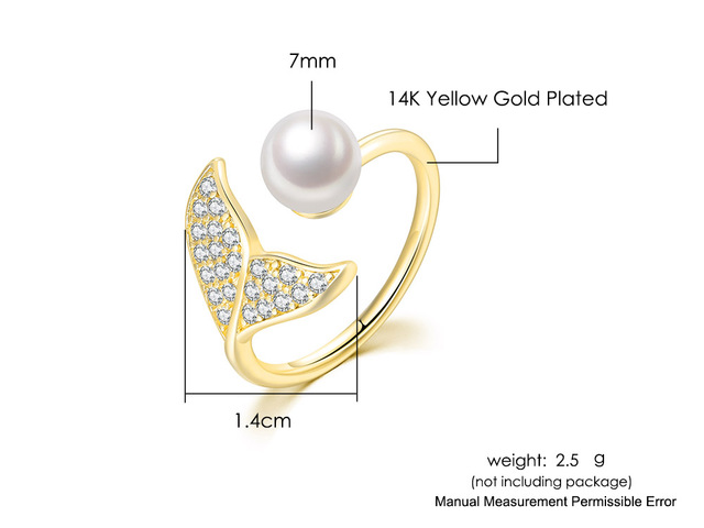 Pierścionek wieloryb w kształcie ogona z delikatną sztuczną perłą - biżuteria R203 - Wianko - 3