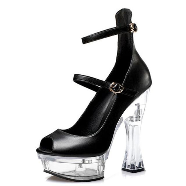 Eleganckie letnie buty na słupku dla kobiet w dużym rozmiarze 46 - czarne z klamrą, 14 cm obcas - Wianko - 4