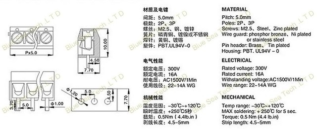 Zacisk śrubowy PCB – KF301-2P 5.0mm 2Pin, 4*50 sztuk, 16A/300V, pomarańczowy, czerwony, niebieski, zielony - Wianko - 1