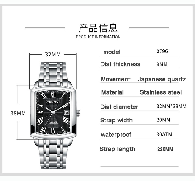 Zegarek męski CHENXI z kwadratową kopertą ze stali nierdzewnej i mechanizmem kwarcowym - wodoodporny i idealny do biznesowych stylizacji - Wianko - 7