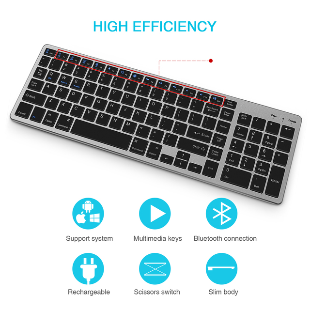 Bezprzewodowa klawiatura Bluetooth z pełnowymiarowymi klawiszami numerycznymi, ultra cienka i ładowalna, do laptopa, pulpitu i tabletu PC - Wianko - 4